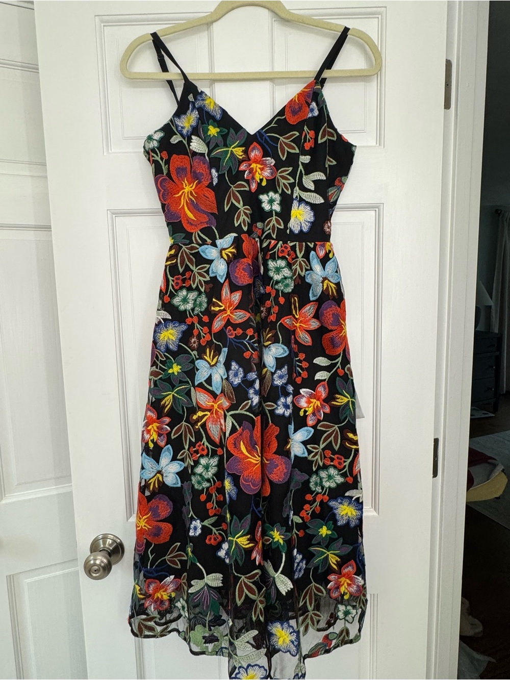 Dress the Population Black Midi Dress with Multicolor Floral Embroidery